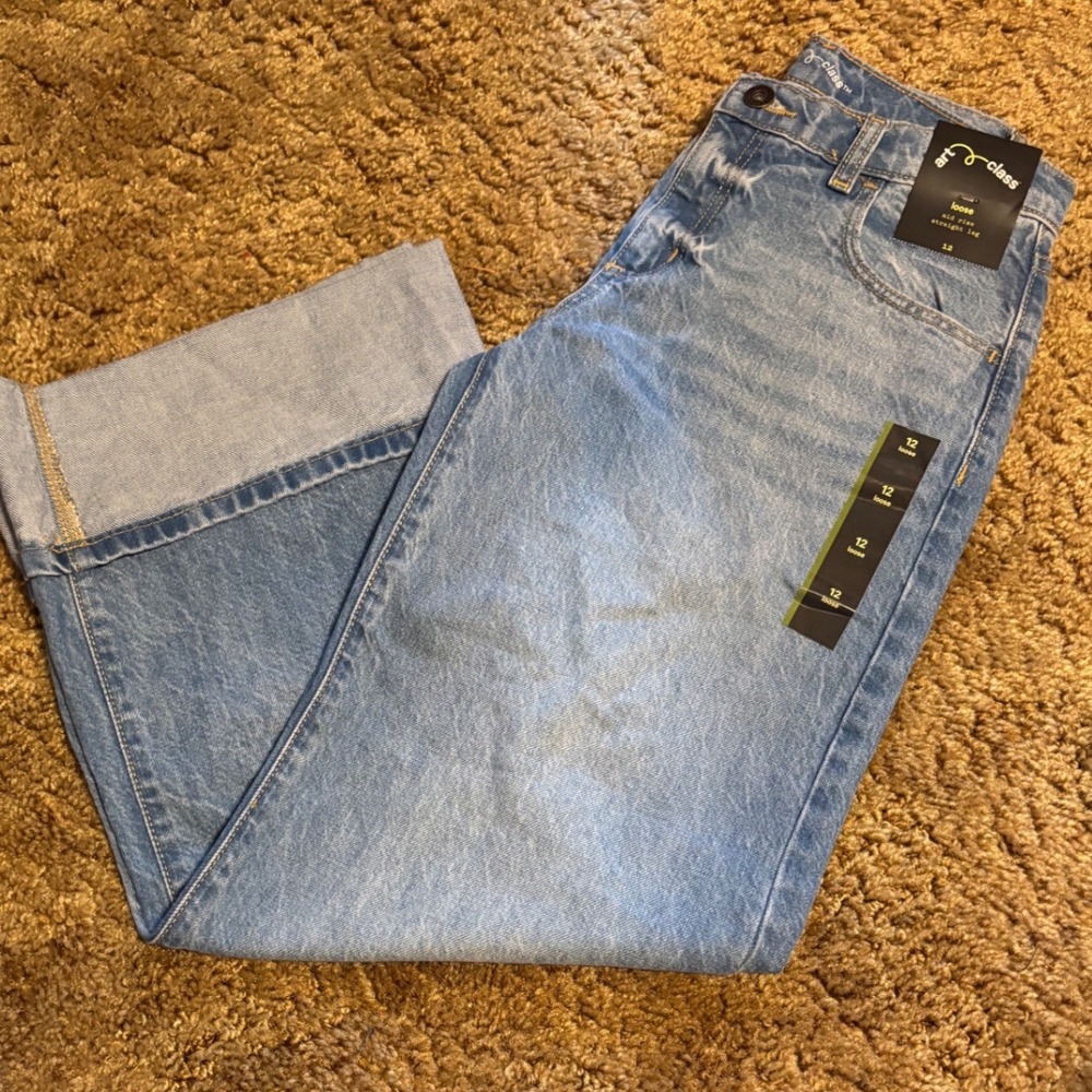 Art Class Girls Loose Mid Rise Straight Leg Jeans Light Wash Blue Size 12 NWT